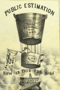 1870's Anthropomorphic Pig Lard Fairbank Hot Air Balloon Tin Cup Trade Card F103