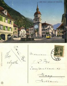 switzerland, ALTDORF, Dorfplatz mit Telldenkmal, Tram (1933) Postcard