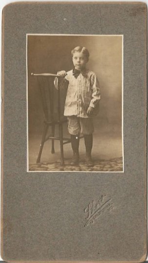 Vintage Cabinet Card, Little Boy in Pinstripe Suit Striking a Pose