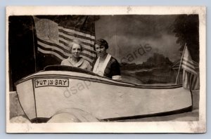 J94/ Put-In-Bay Ohio RPPC Postcard c1920s Studio Boat Women Patriotic  436