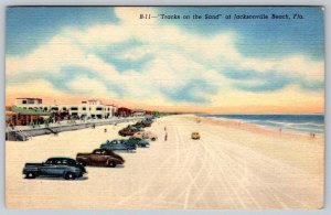 1951 JACKSONVILLE BEACH FLORIDA 1930-40's CLASSIC CARS VINTAGE LINEN POSTCARD