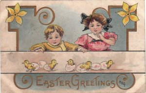 Postcard Easter Greetings Children Chicks Eggs 1911