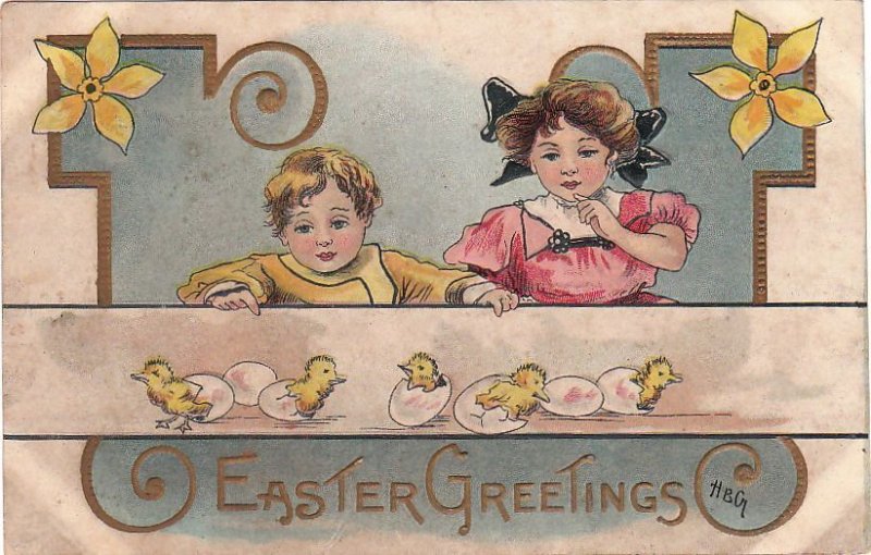 Postcard Easter Greetings Children Chicks Eggs 1911