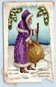 c1910's Christmas Greeting Santa Claus Purple Robe Snow Winter Antique Postcard
