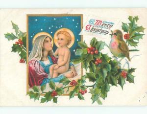 Pre-1907 christmas nativity BIRD WATCHES MARY HOLD BABY JESUS W6899