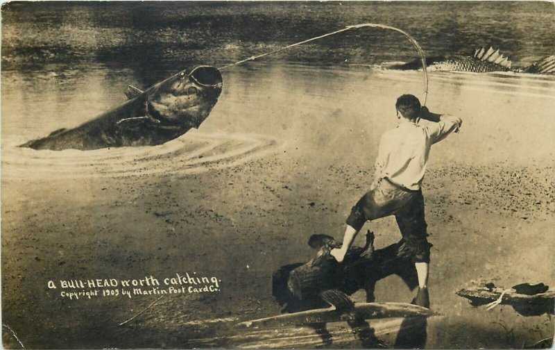 A Bull-Head north angler catching big fish exageration surrealism photo postcard