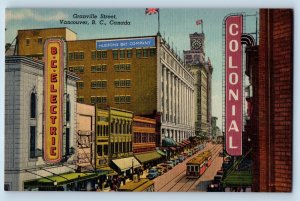 Vancouver BC Canada Postcard Granville Street Colonia Hudson Bay Company Trolley