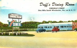 Winchester VA Duff's Dining Room Old Cars, Linen Postcard