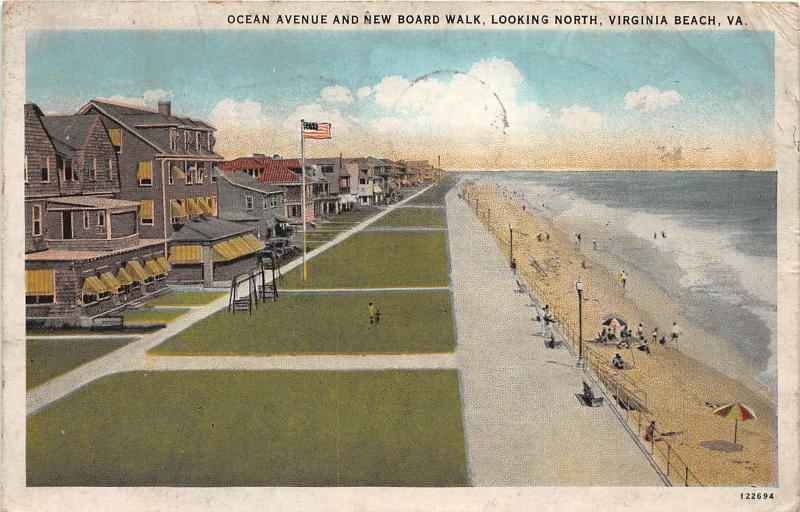 F3/ Virginia Beach Virginia Postcard 1929 Ocean Ave Boardwalk Cottages Beach 9