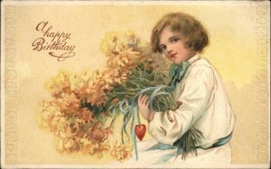 Art Nouveau Birthday Little Boy Brings Flowers and Locket c1910 Vintage Postcard