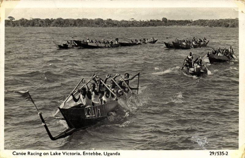 uganda, ENTEBBE, Canoe Racing on Lake Victoria (1958) RPPC Postcard