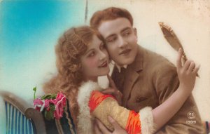 A739 Love Romance Beautiful Couple Admiring in Hand Mirror postcard