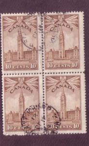 Canada, Used Block of Four, Parliament,  10 Cent, Scott #257