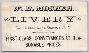 K50/ Business Card c1880s W. H. Mosher Livery Caldwell Lake George New York 144