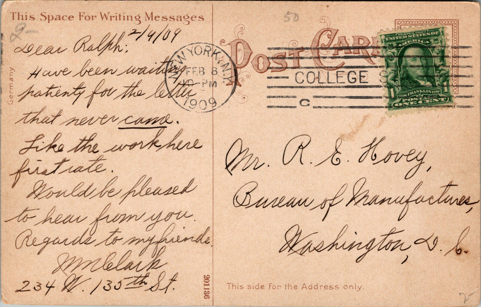 Vtg 1909 Sleighing Central Park Horse & Carriage New York City NY