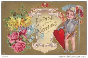 Birthday Greetings, Boy dresssed as medeval knight with red heart shield,  re...