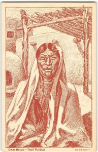 GRAY HAWK Taos Pueblo Native American Indian Bischoff Vintage Postcard c1920s