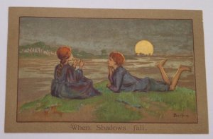 1910s Children Play Flute Moon Barham When Shadows Fall Vintage Antique Postcard