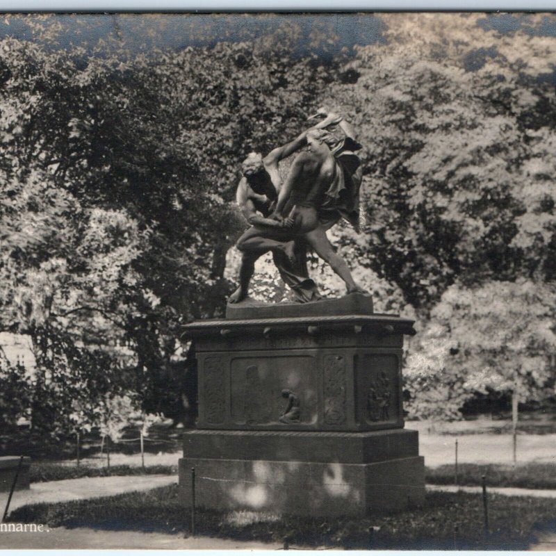 c1910s Goteborg, Sweden RPPC Baltespannarne Sculpture Park Statue Pedestal A348