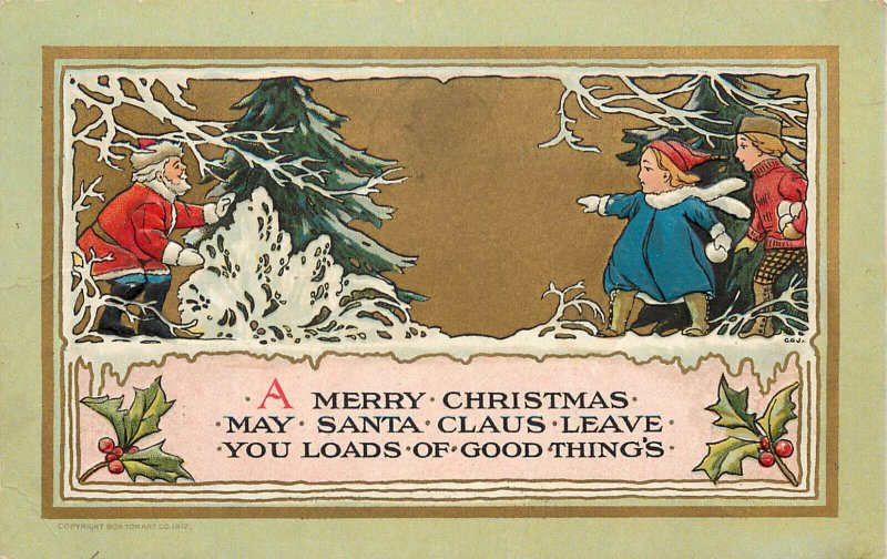 Embossed Christmas Postcard Santa Claus Hides From Children BonTon Art Co.