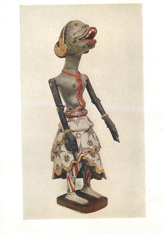 Wooden figure in the Wayang Klitik puppet plays Java Indonesia pictorial card