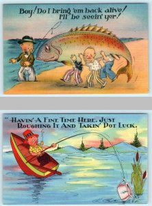 2 Postcards ~ FISHING COMICS Exaggeration, Fishing Boat ca 1940s Linens