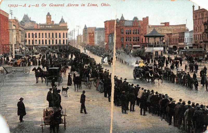 A 4-11 Or General Alarm in Lima, Ohio Horse-Drawn Fire Engines Postcard ca 1910s