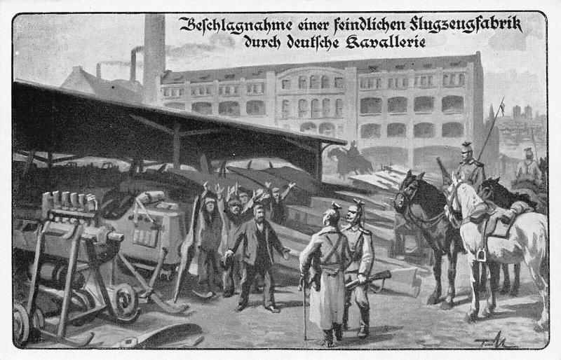 L018 Seizure of an enemy aircraft factory by german cavalry vintage postcard