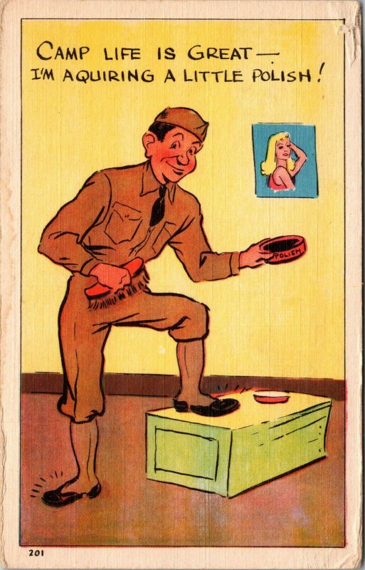 WWII CARTOON humor POSTCARD,Camp life is great..., ww2 