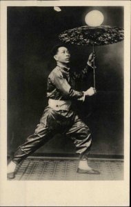 Japan Japanese Actor Performer w/ Parasol Balancing Act Real Photo Postcard