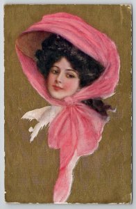Pretty Victorian Woman In Pink Hat Scarf Postcard T28