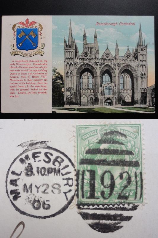 Peterborough Cathedral Heraldic Coat Arms c1906 Postmark MALMESBURY DUPLEX (192)