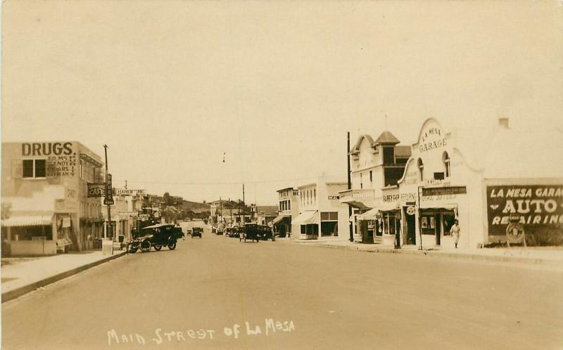 RPPC Postcard Main Street La Mesa CA San Diego County Auto Garage Candy Store 