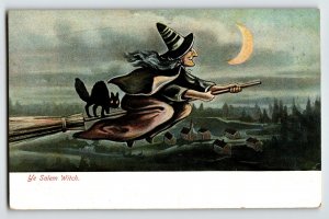 Salem Witch Postcard Broom Flight Black Cat Crescent Moon 6649 Metropolitan