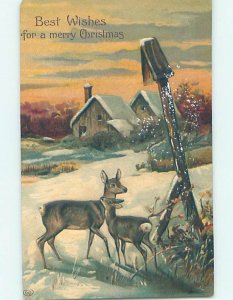 Surface Wear Pre-Linen christmas BEAUTIFUL DEER BY SNOW-COVERED FARMHOUSE HQ7199