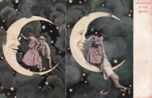 Romantic Couple With Quarter Moon Spooning In The Moon