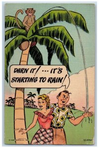 c1930's Sweet Couple Romance Monkey On Top Of Coconut Tree Peeing Postcard 