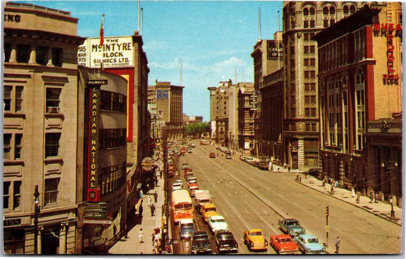 Winnipeg, Manitoba Main Street Looking North from Portage Ave c1960 Postcard G12