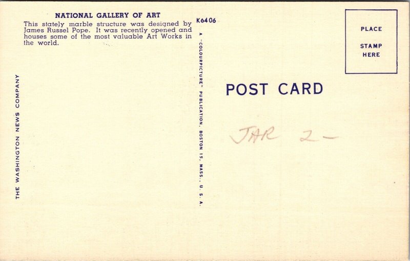 Front View National Gallery Art Washington DC US Flag Flying Postcard Unused UNP 