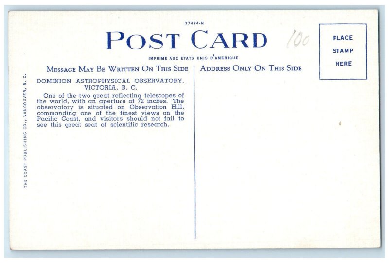 Victoria BC Canada Postcard Dominion Astrophysical Observatory c1940's