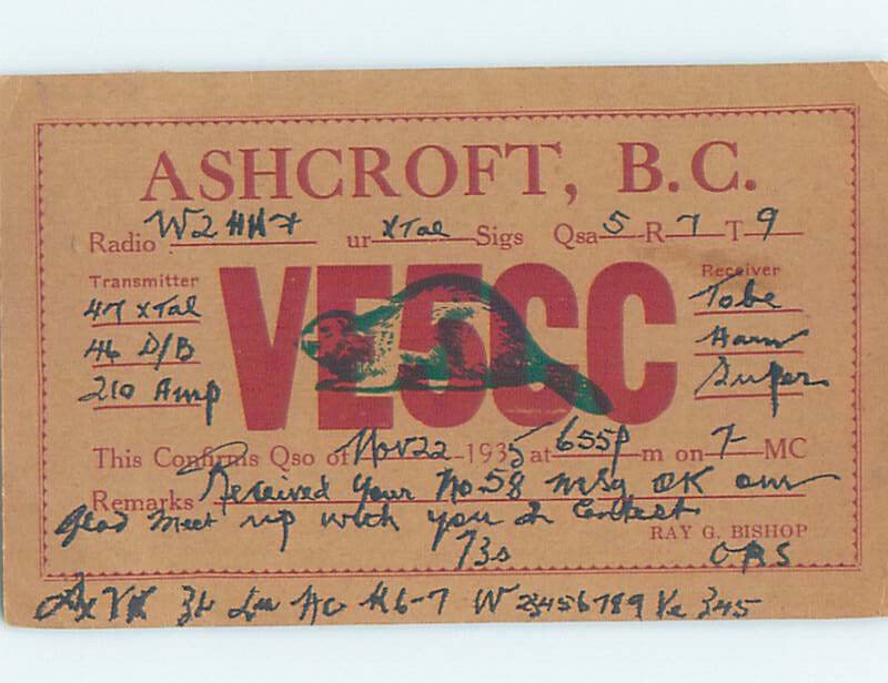 1930s QSL RADIO CARD Ashcroft - Near Cache Creek & Kamloops BC AH3273