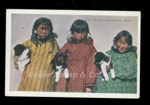 Cute Postcard Six Little Arctic Natives (3 girls, 3 dogs) Alaska AK   B2604