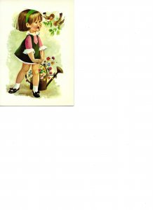 Liltle girl, watering can with flowers, birds Lovely modern Spanish artist sig