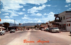 Benson Arizona Shops Greyhound, Standard Gas, Cafe 1950-60s Vintage Postcard