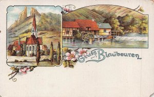 BLAUBEUREN GERMANY~CHURCH & MILL WATERWHEEL WATER~1900s POSTCARD