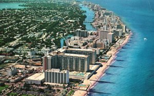 Vintage Postcard Aerial View Miami Beach Looking North Along Water Blue Atlantic