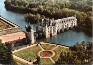 Postcard France - Aerial view of Chenonceau Chateau with Tower and Gardens