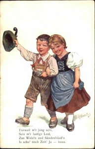 Feiertag Wholesome Young Austrian Boy and Girl Romance c1910 Vintage Postcard