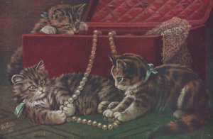 My Ladys Jewels Oilette Cat Kittens Pearls Old Oilette Tucks Postcard