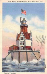 Racine Reef Lighthouse Racine Wisconsin 1944 linen postcard